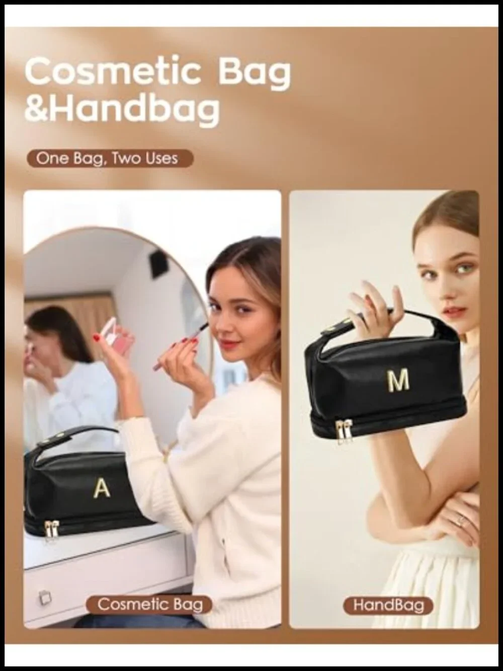 Personalized PU Leather Makeup Bag with Handle, Double-Layer Cosmetic Case